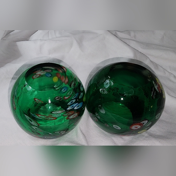 Set of 2 Vintage Blow Art Glass Millefiori Green Votives - Picture 5 of 7